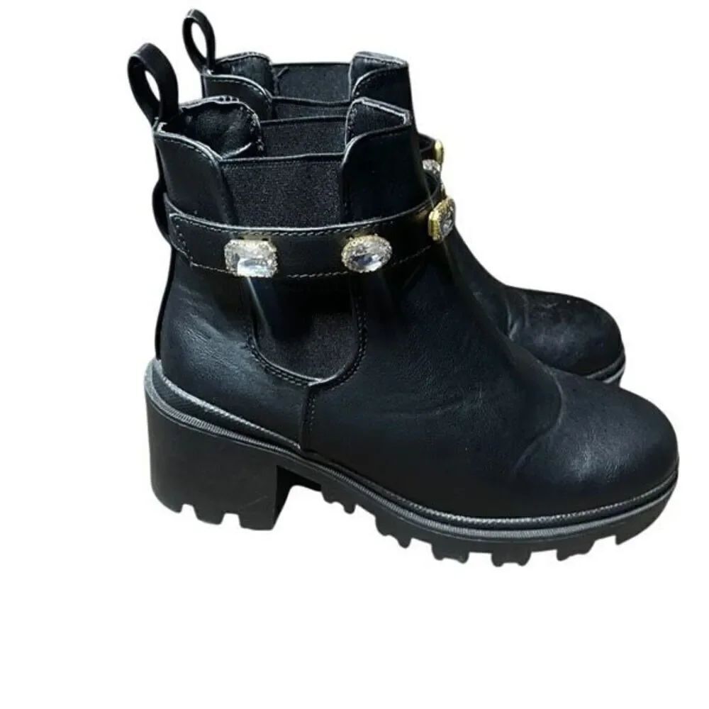 Nicole Miller Black Chelsey Ankle Boots Chunky Sole and Embellished Strap 6.5